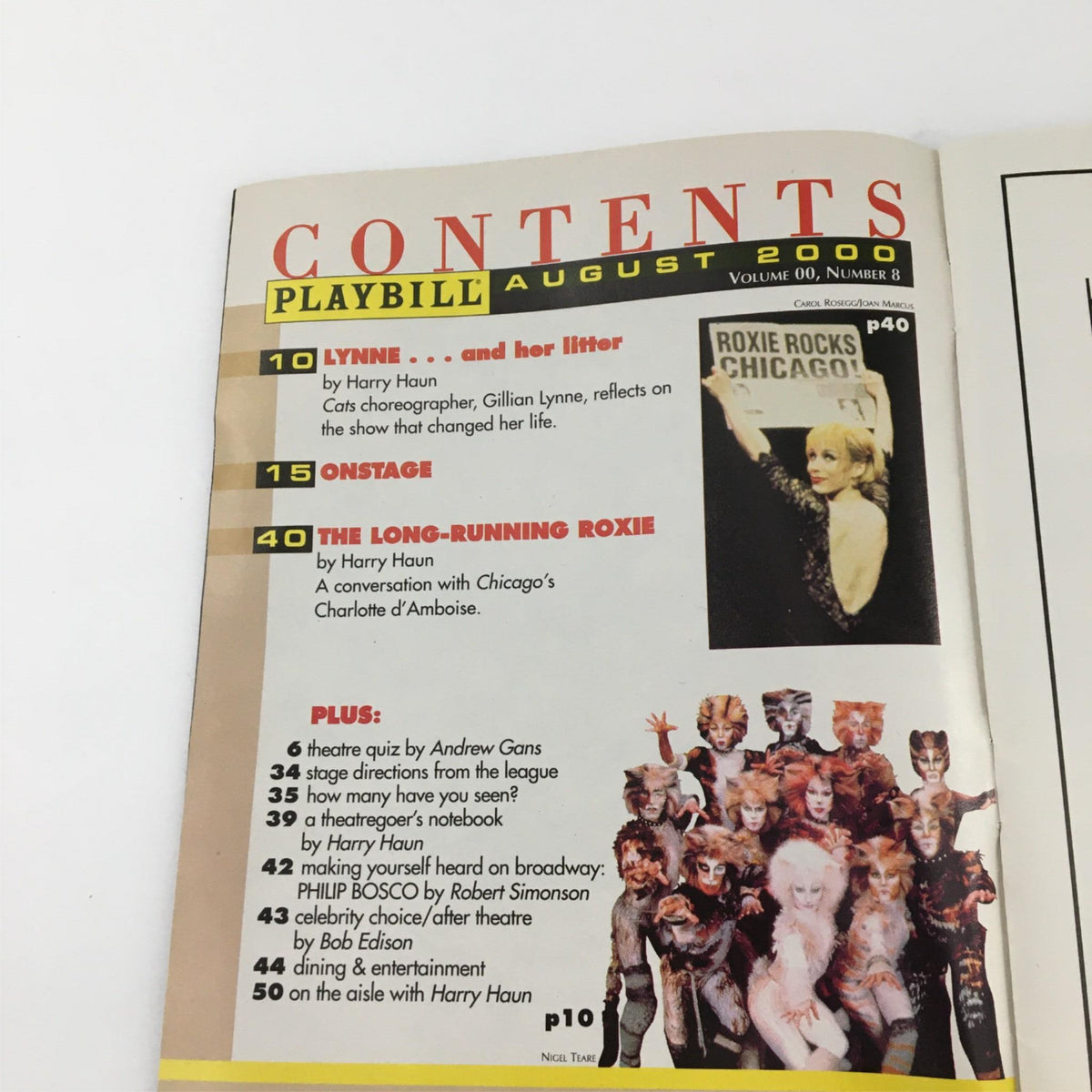 Contents page of the August 2000 Playbill Avow, including other featured performances like Chicago.
