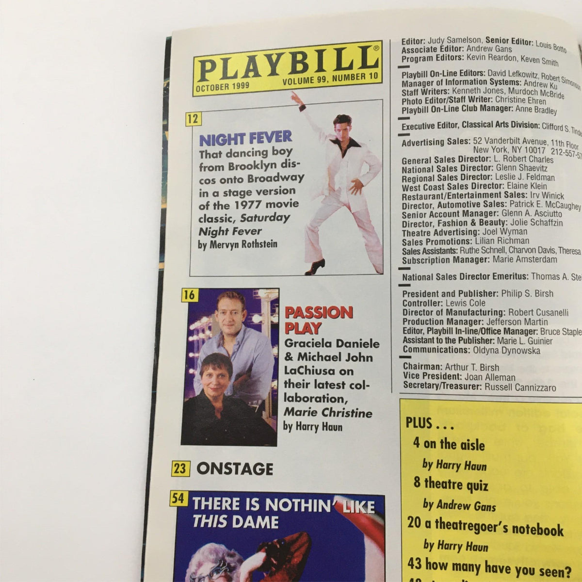 Inside page of the 1999 Playbill for 'Contact' including articles and features from the October issue, showcasing other productions.
