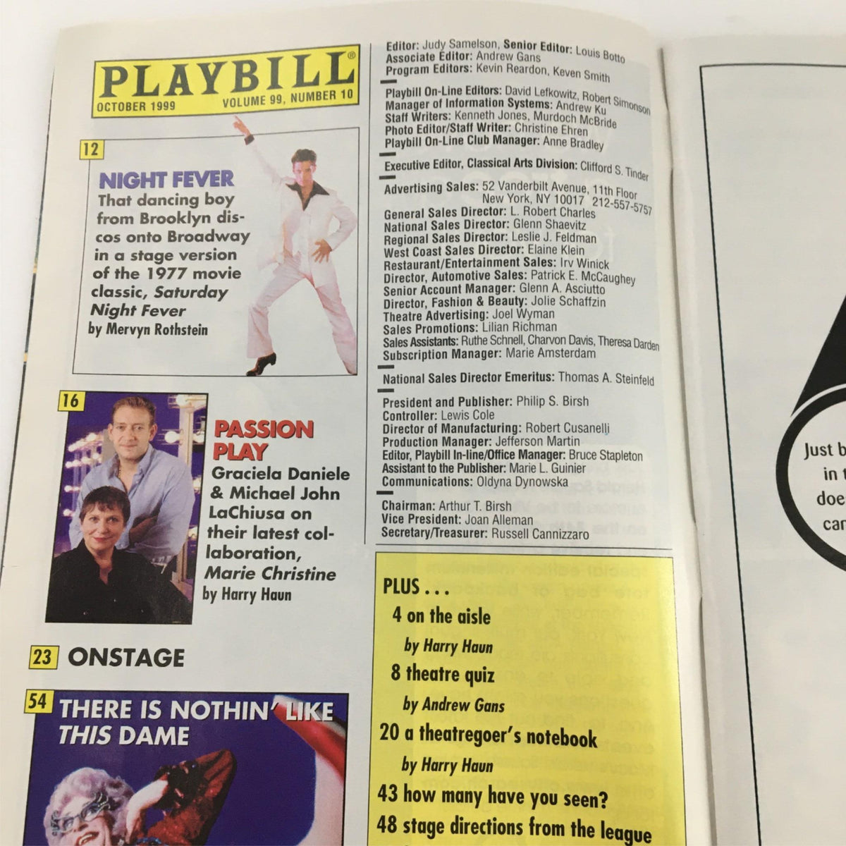 Fuddy Meers Playbill from October 1999 featuring highlights like Night Fever and Passion Play, published by Manhattan Theater Club, showcasing stage and production design information.