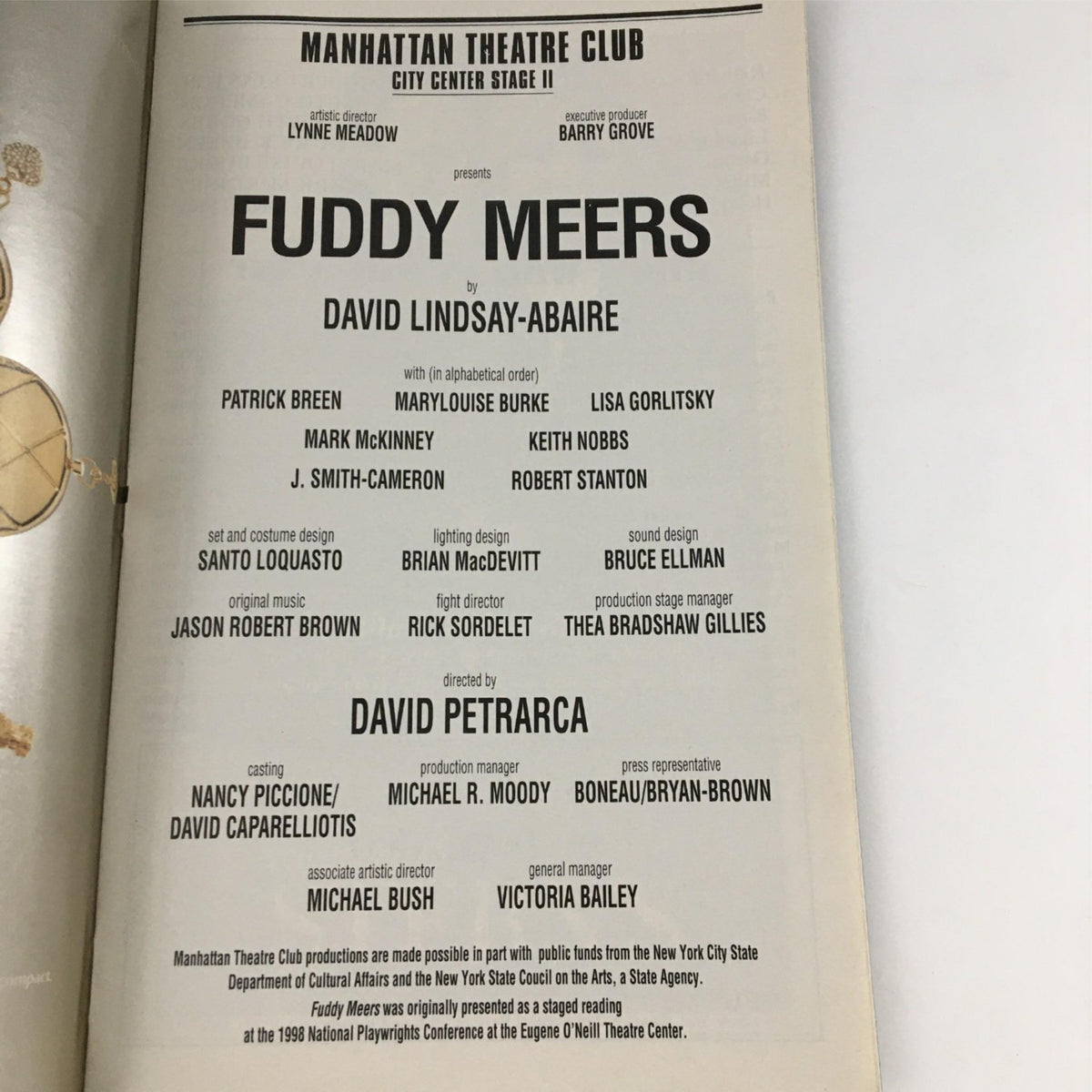 Interior page of the 1999 Fuddy Meers Playbill by David Lindsay-Abaire, detailing cast and crew including director David Petrarca and various artistic contributors.