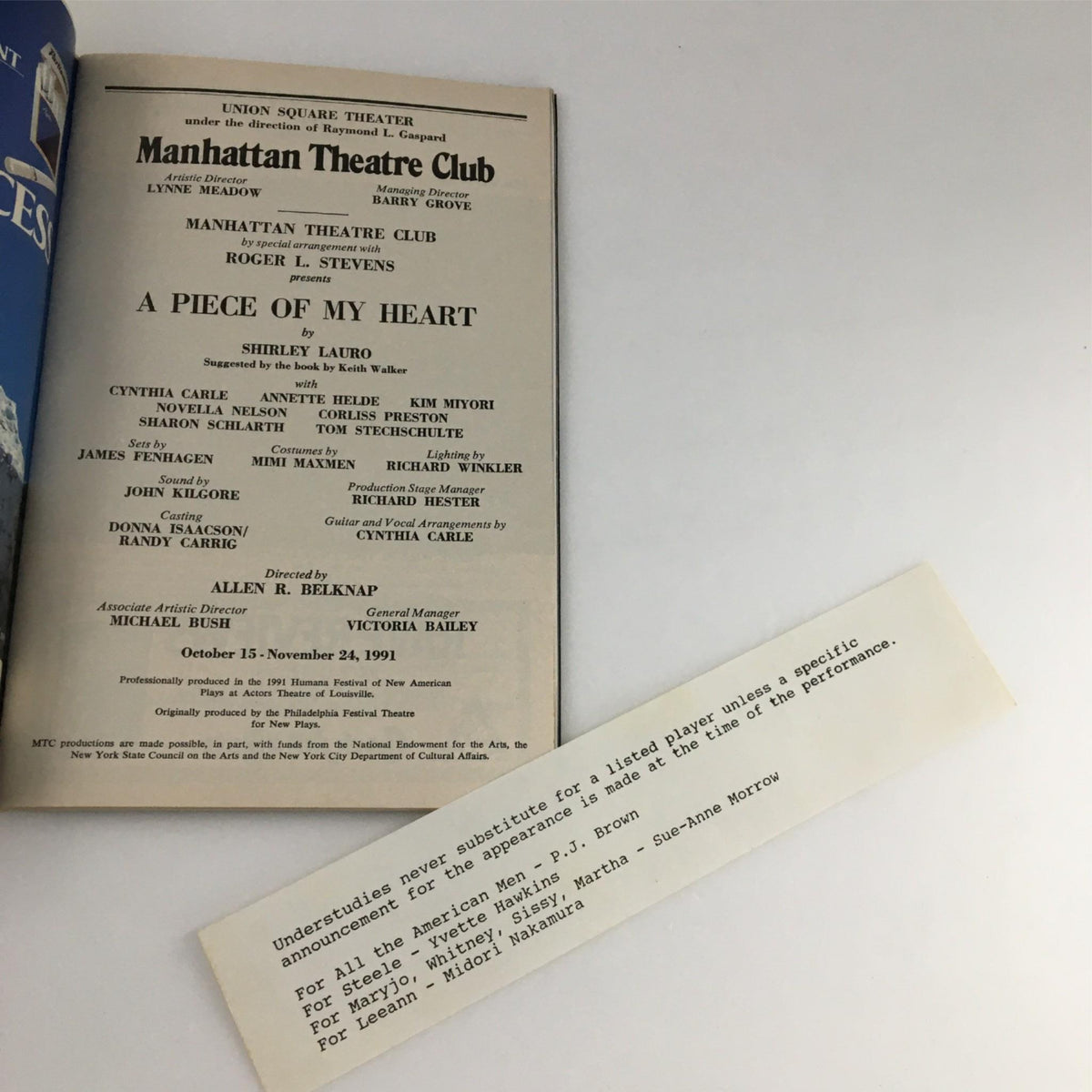 1991 Playbill A Piece of My Heart showcasing cast and production details from the Manhattan Theatre Club, featuring Roger E. Stevens.