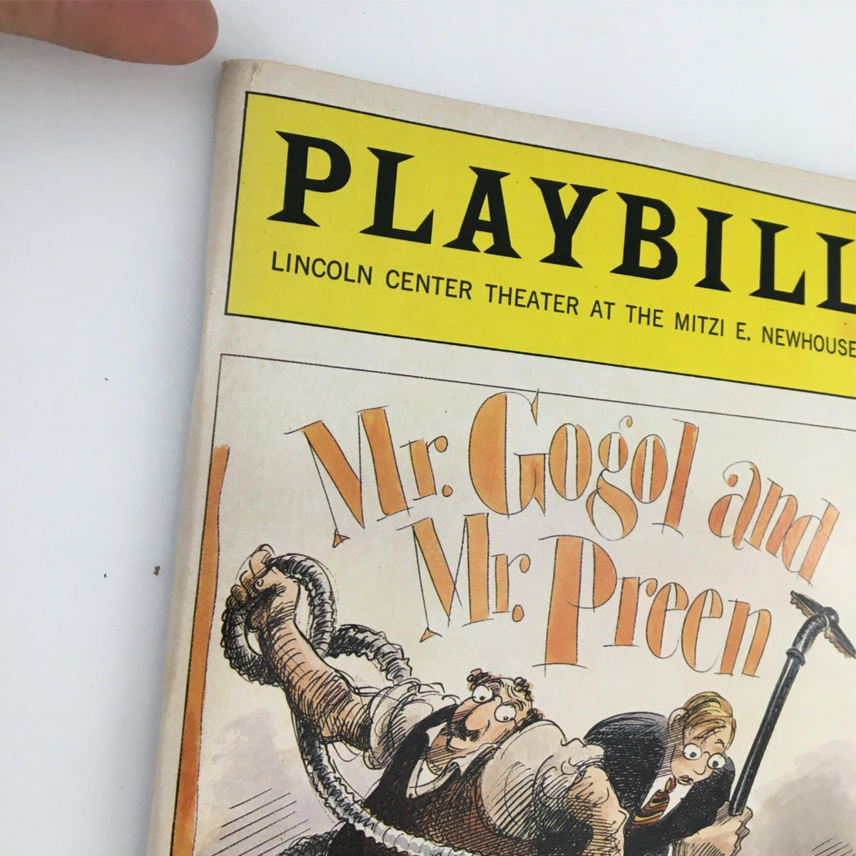 Close-up view of the 1991 Playbill for Mr. Gogol and Mr. Preen, showcasing the top section of the colorful cover and its title.
