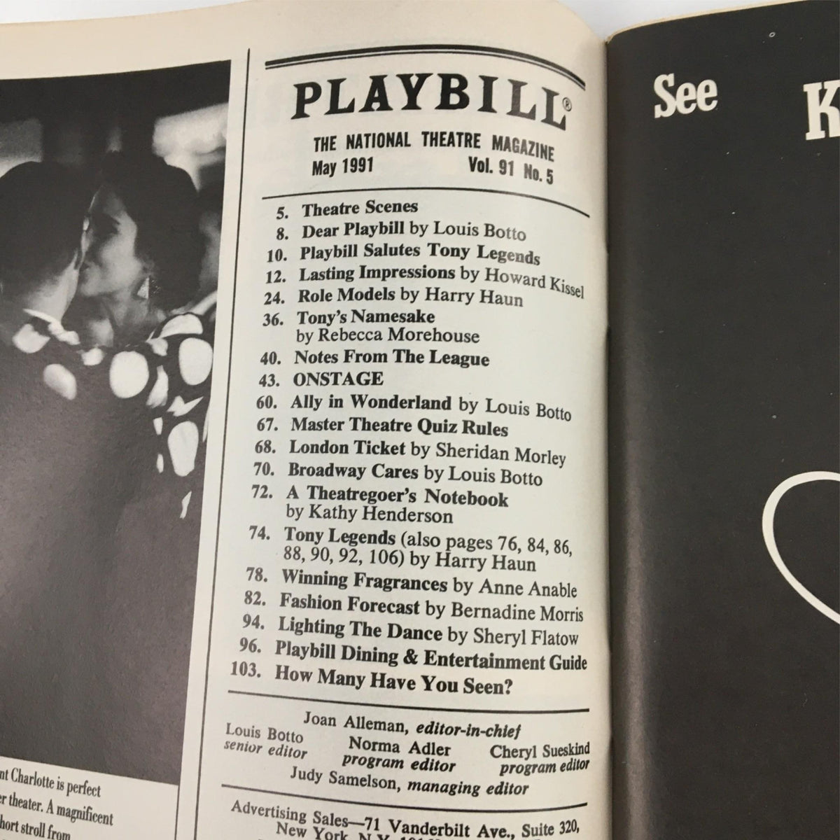 Inside page of the May 1991 Playbill for Mr. Gogol and Mr. Preen, featuring a list of theatre scenes and articles related to the production.