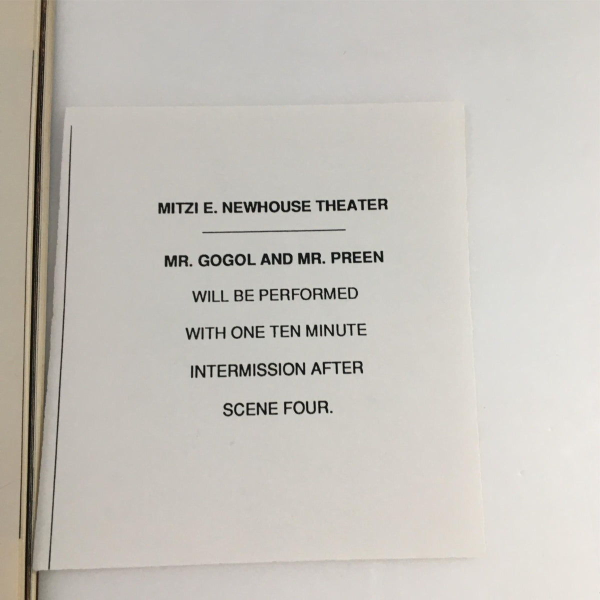 Details from the 1991 Playbill for 'Mr. Gogol and Mr. Preen' showcasing the performance information at Mitzi E. Newhouse Theater, including intermission notes.