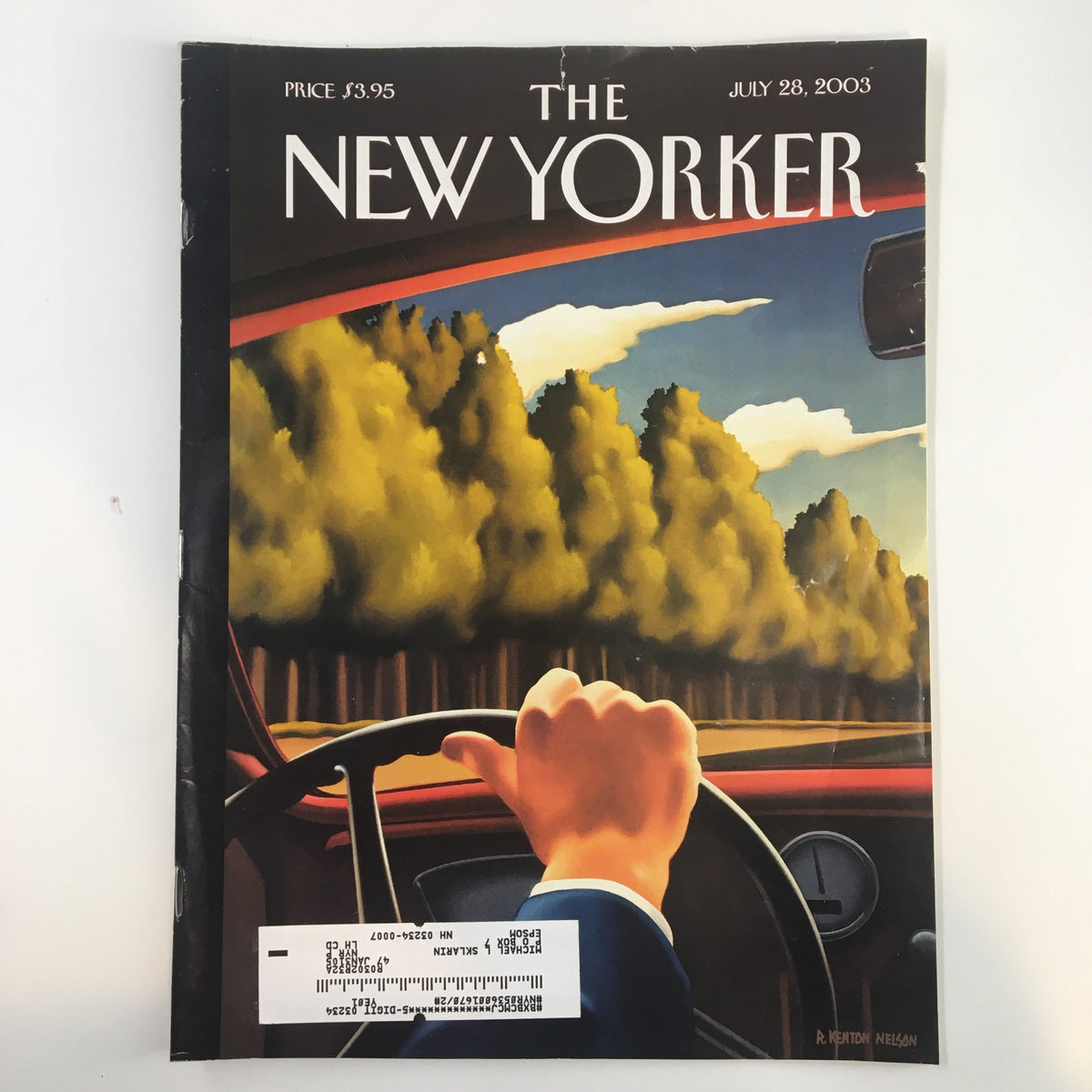 Cover of The New Yorker Full Magazine July 28 2003 featuring artwork 'On the Road' by Kenton Nelson, depicting a driver's view of a tree-lined road.