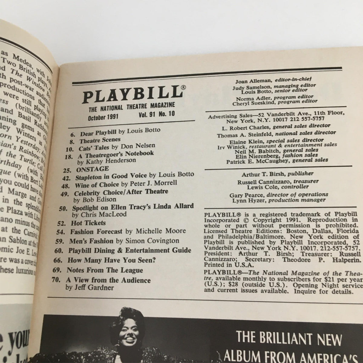 Inside page of the 1991 Playbill for 'Babylon Gardens', showcasing the table of contents and editorial information.