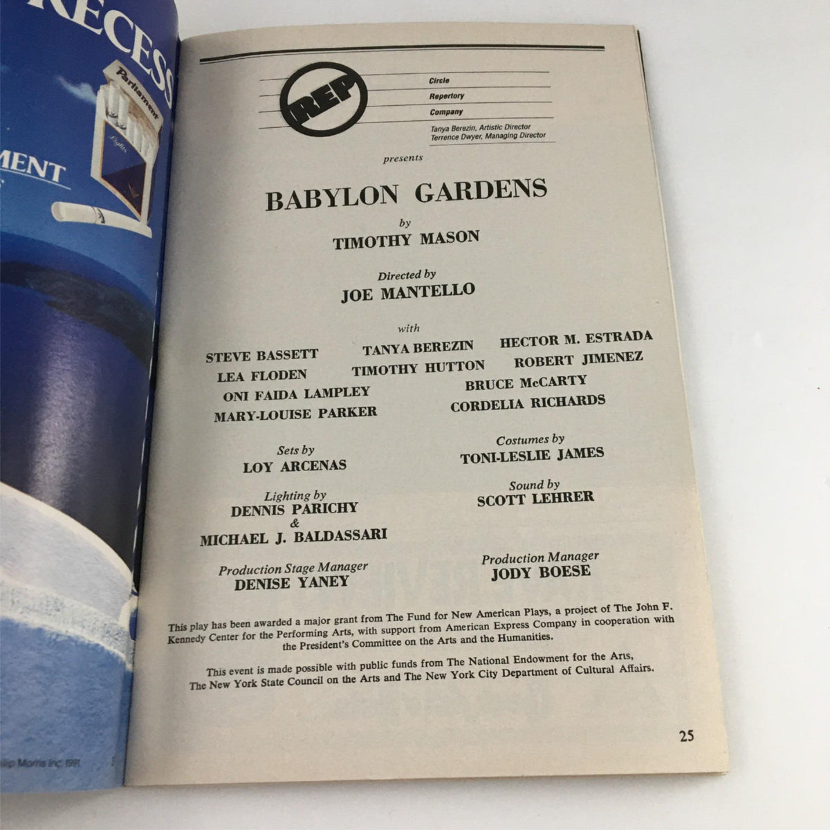 Production details page from the 1991 Playbill for 'Babylon Gardens' by Timothy Mason, listing cast and crew information.