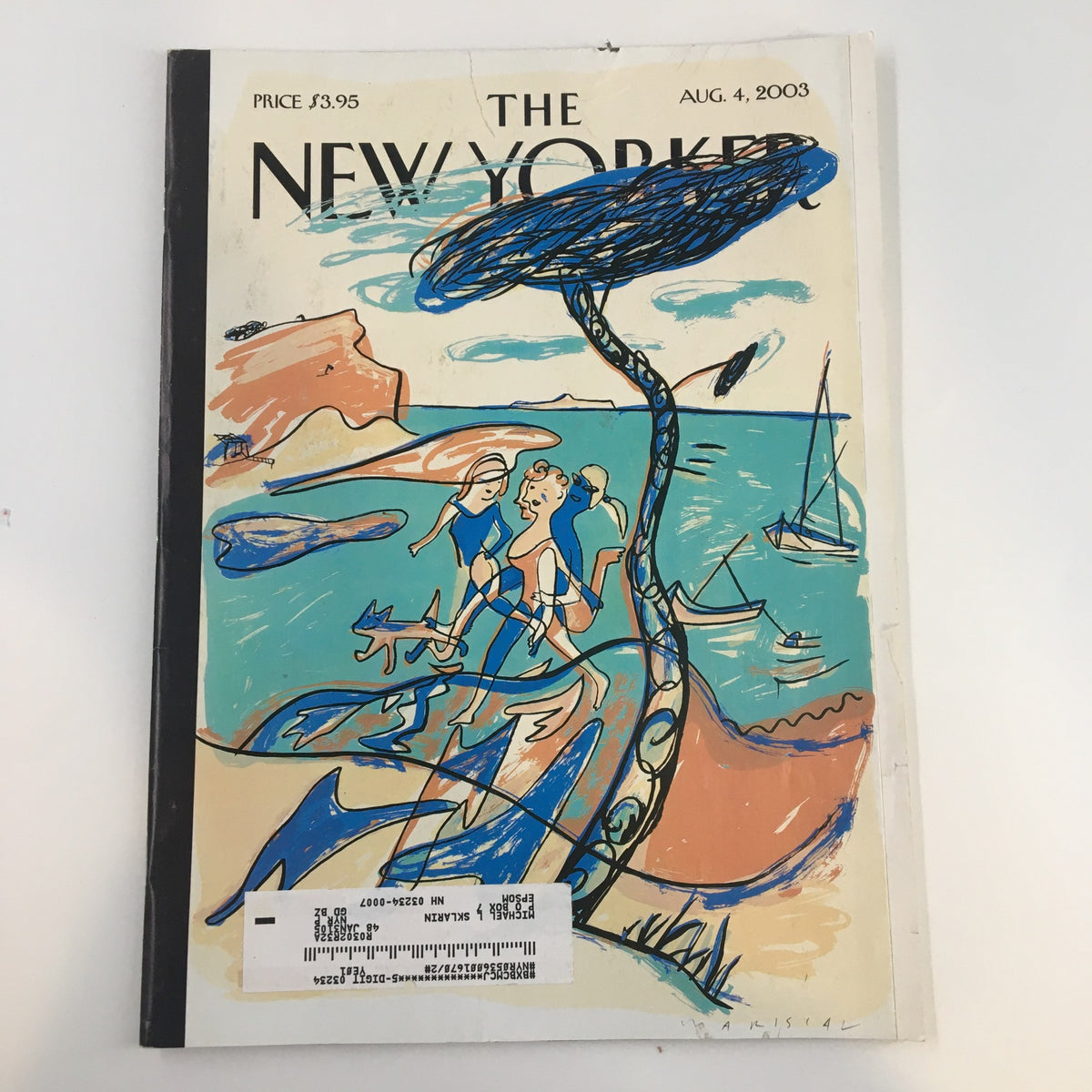Cover of The New Yorker Full Magazine August 4, 2003 featuring vibrant illustration of the Mediterranean Sea by J. Mariscal, showcasing artistic culture.
