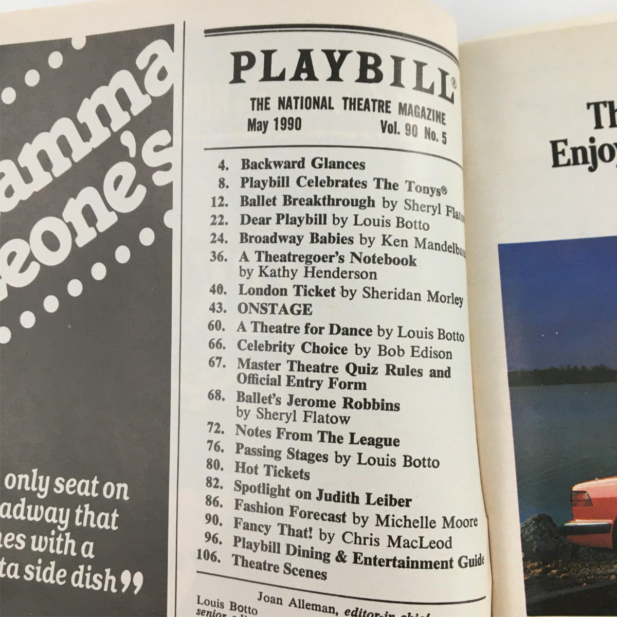 Playbill for 'Each Day Dies with Sleep' by Circle Repertory Company, featuring a May 1990 edition of National Theatre Magazine with various listings and articles.