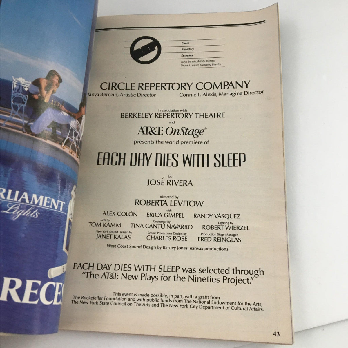 Inside view of the playbill for 'Each Day Dies with Sleep' by José Rivera, highlighting the production details and credits of the first performance by Circle Repertory Company.