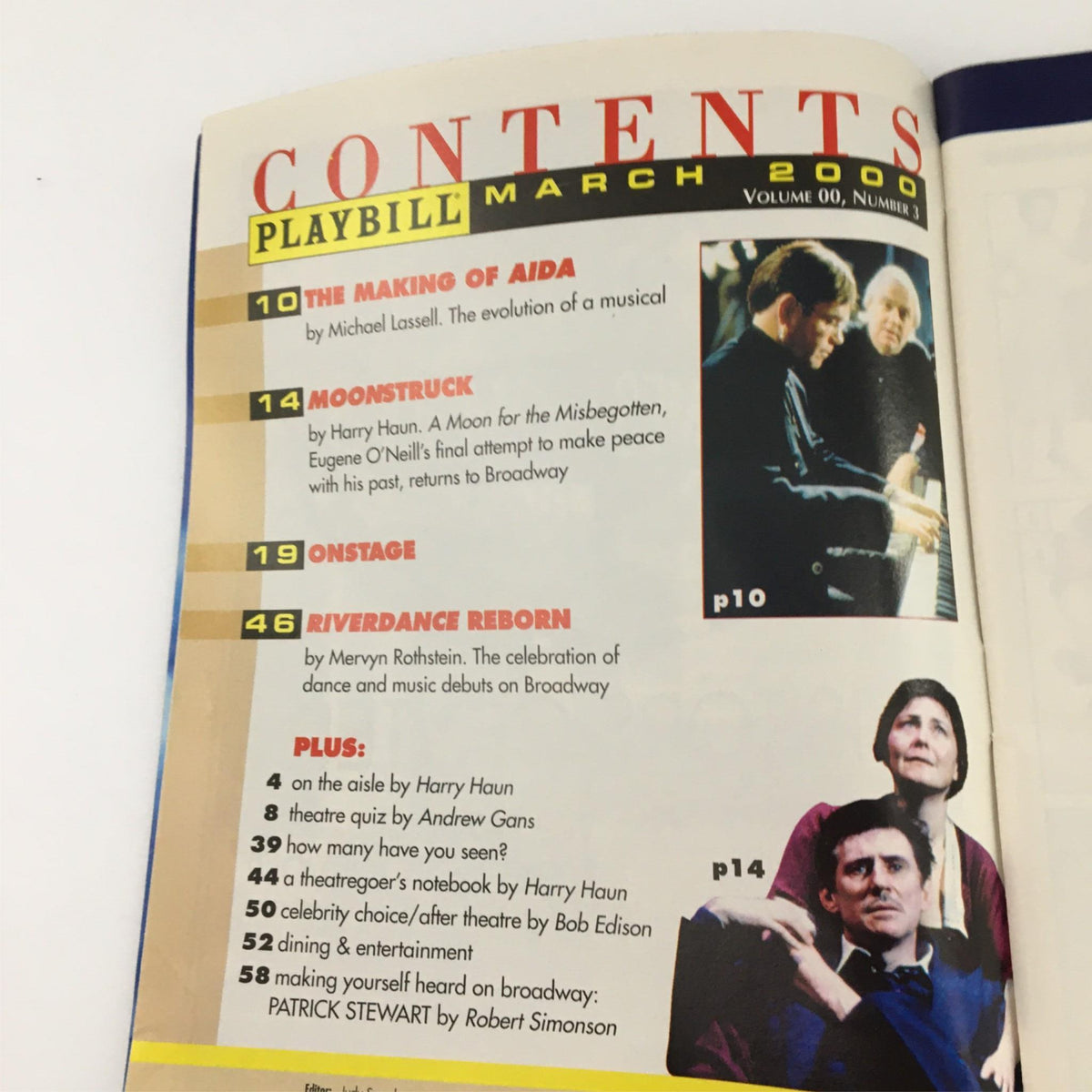 Contents page of the 2000 Playbill for 'Waste' by The American Place Theatre, featuring sections on other productions and features.