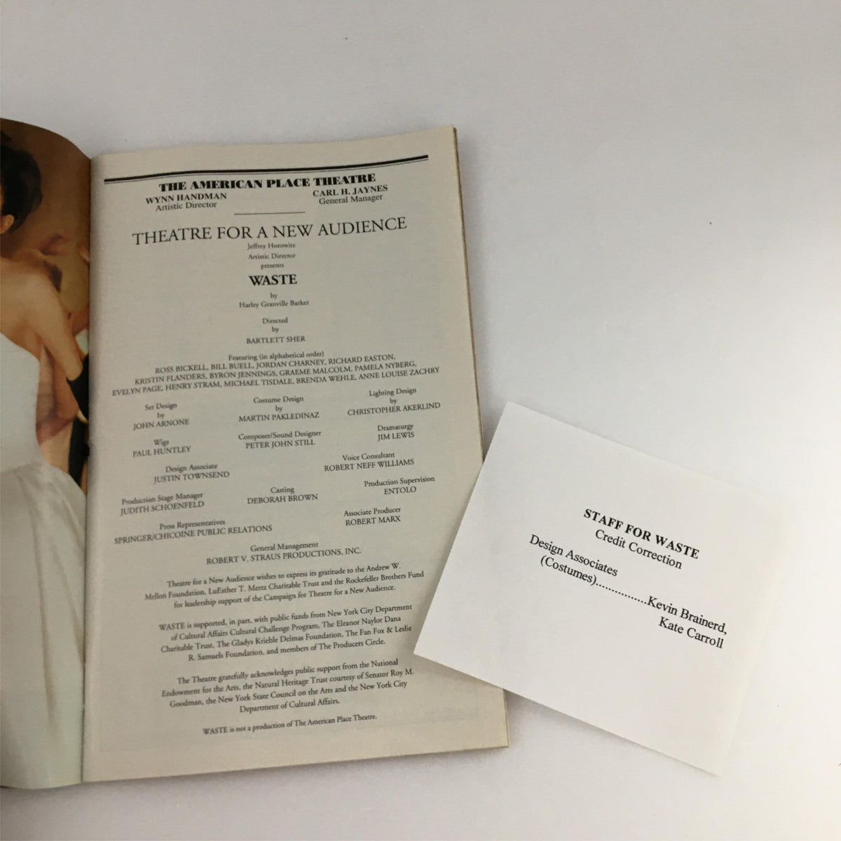 Inside view of the 2000 Playbill for 'Waste' by The American Place Theatre, showcasing cast and crew details.