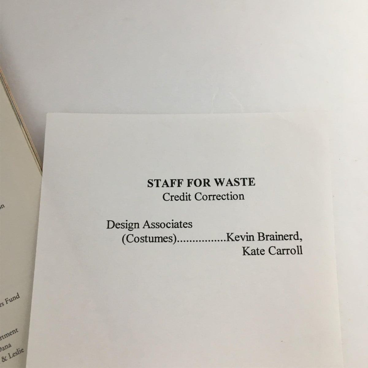 Credit correction page for 'Waste' in the 2000 Playbill, listing design associates for the production.