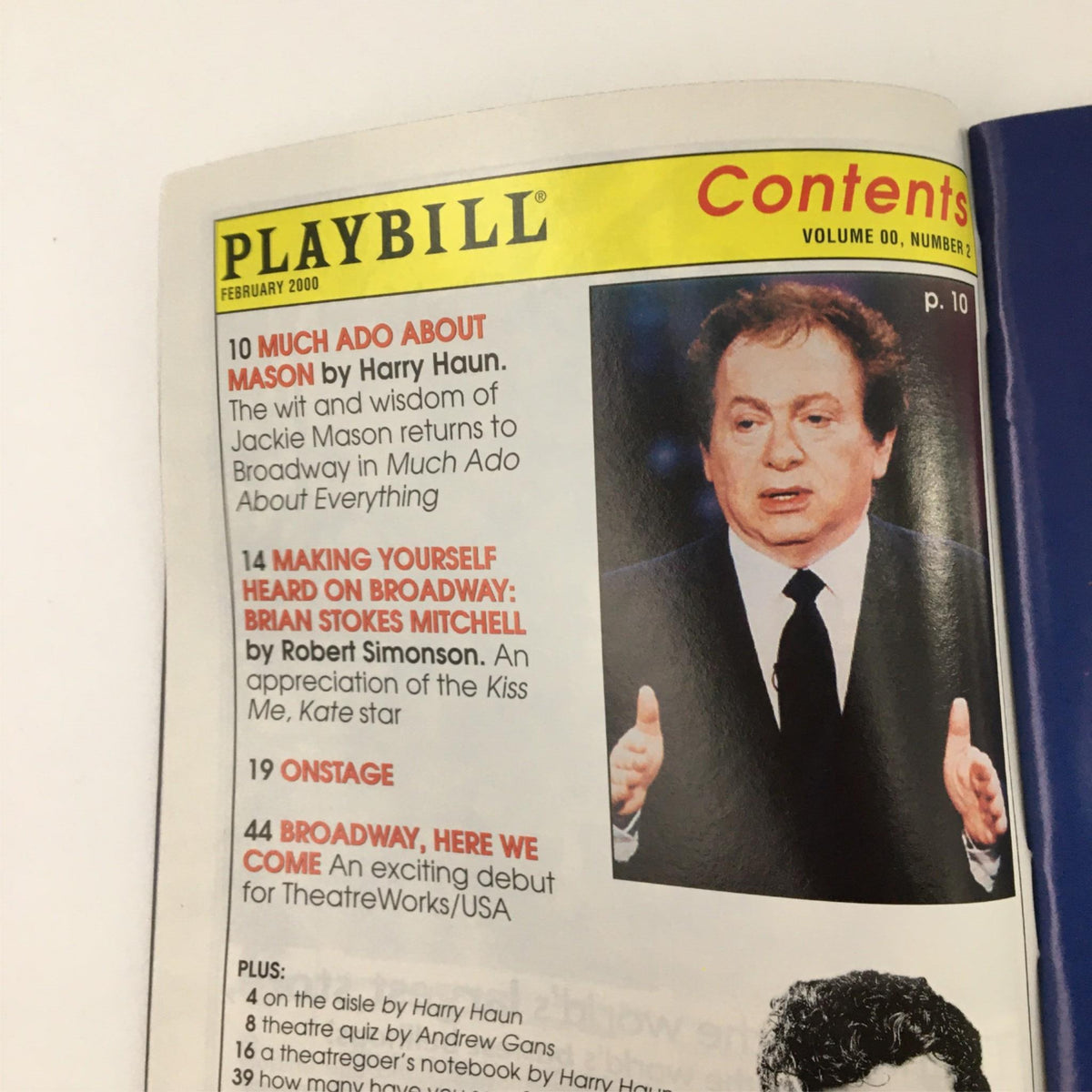 Contents page from the February 2000 Playbill for The Wild Party, highlighting articles and features related to Broadway performances.