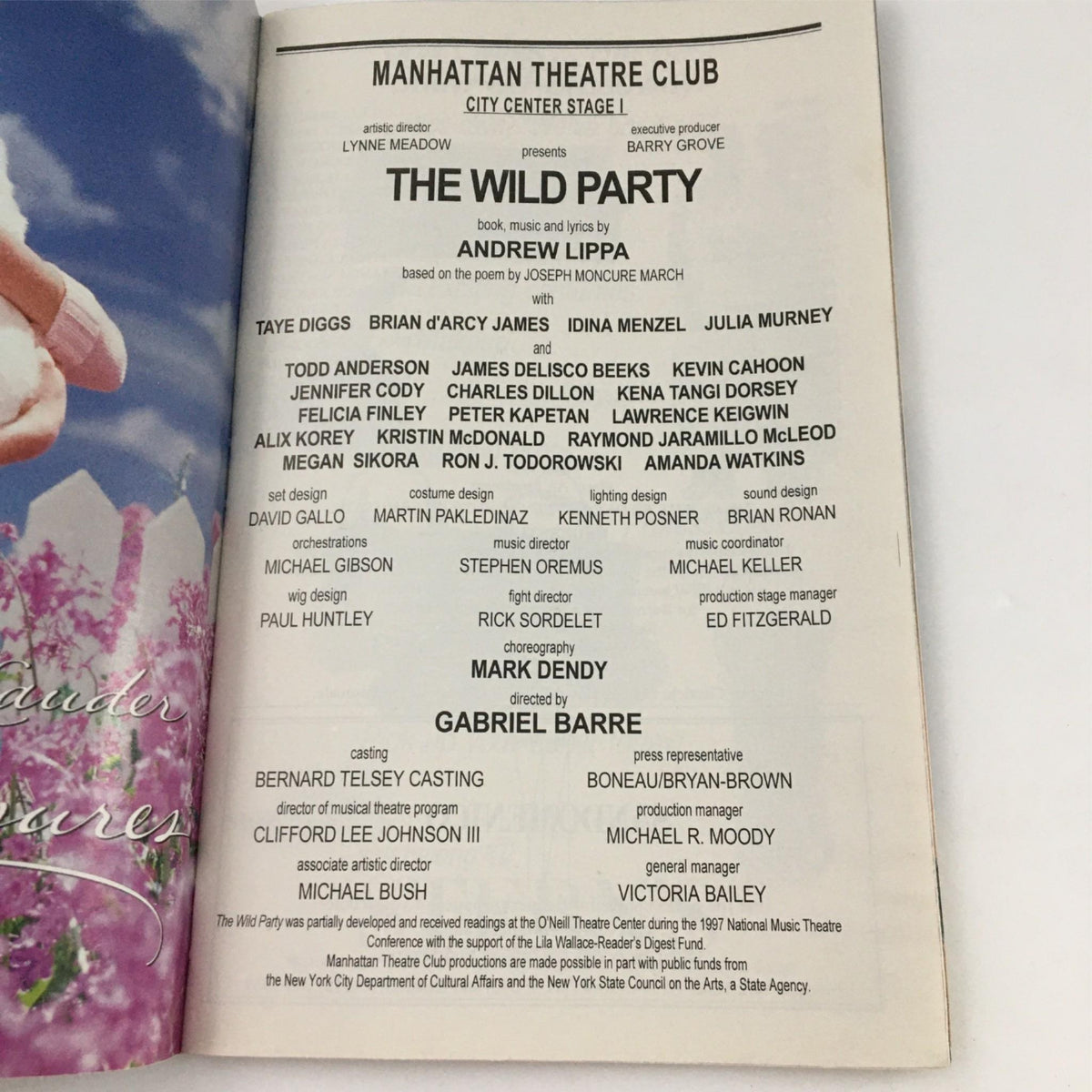 Cast and crew listing from the Playbill for The Wild Party, detailing the creative team behind the Manhattan Theatre Club's production.