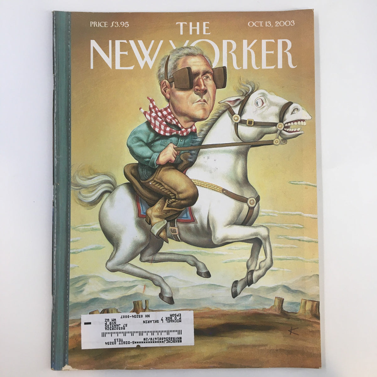 Cover of The New Yorker Full Magazine October 13 2003 featuring a caricature of a man on a horse by Anita Kunz.