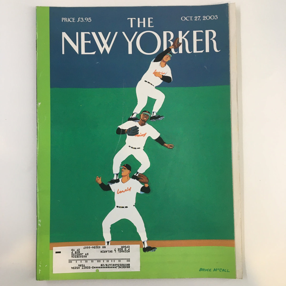 The New Yorker Full Magazine October 27 2003 cover illustrated by Bruce McCall featuring a whimsical design of three baseball players in action.