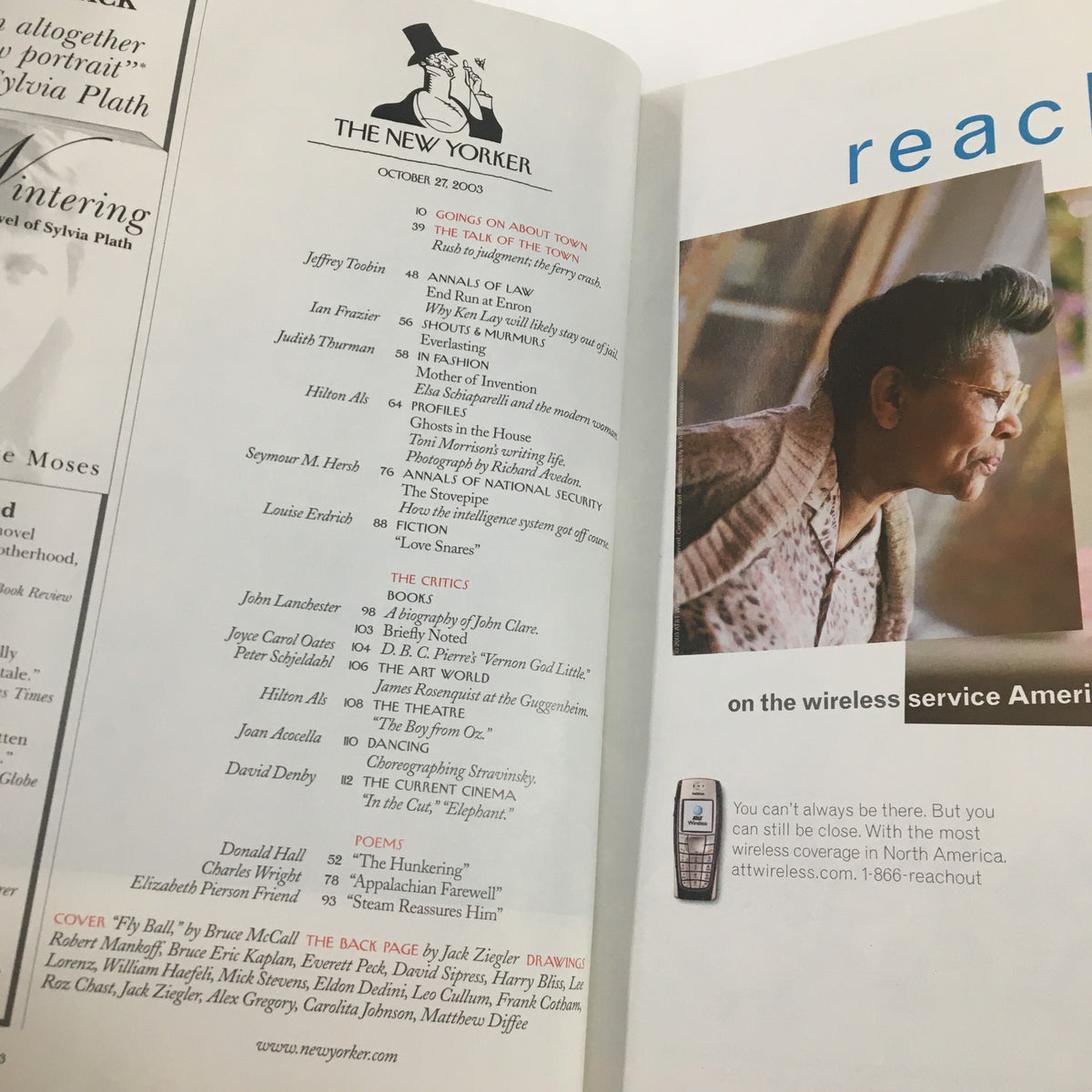 Interior page of The New Yorker magazine from October 27, 2003, featuring articles and advertisements, showcasing content related to the issue titled 'Fly Ball' by Bruce McCall.