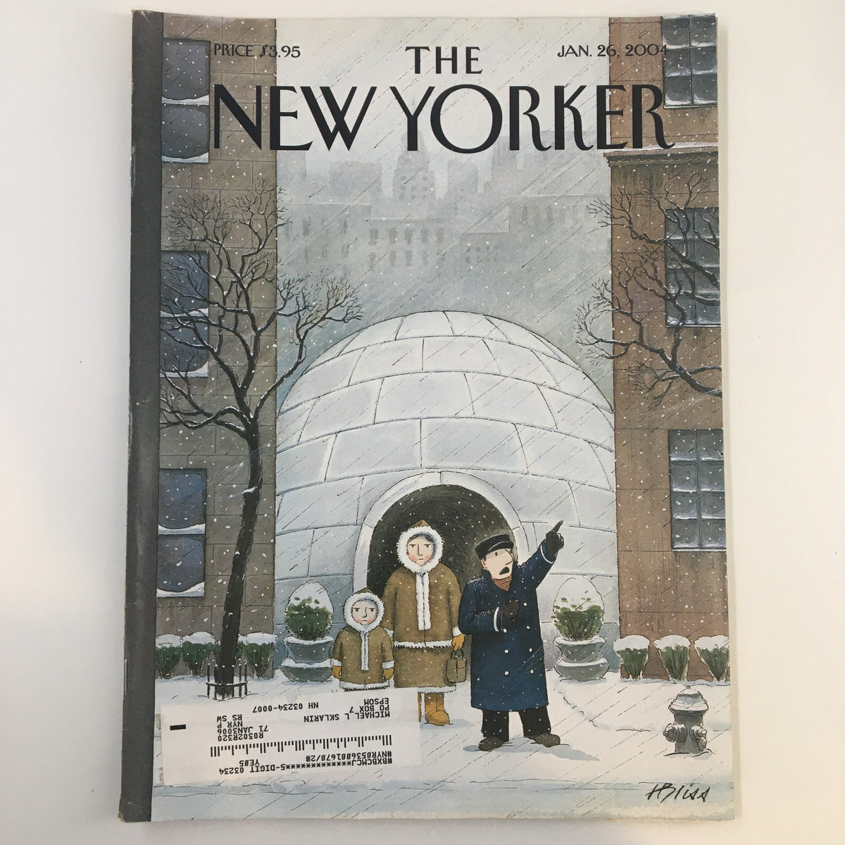 Cover of The New Yorker magazine dated January 26, 2004, featuring the illustration "Mush!" by Harry Bliss, showcasing a snowy scene with children and a policeman.