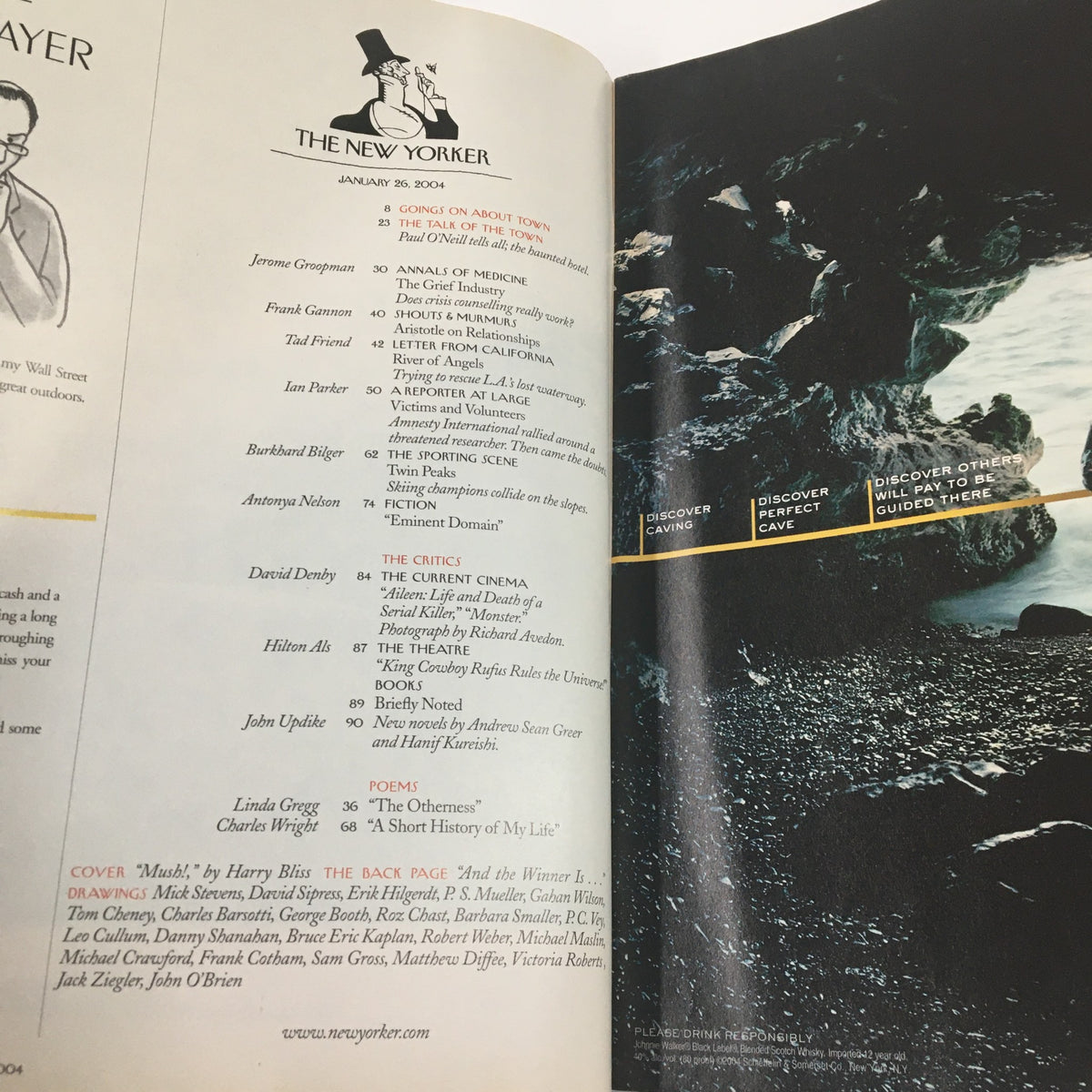 Interior page of The New Yorker magazine, January 26, 2004 edition, displaying the table of contents and featuring contributions by various writers.