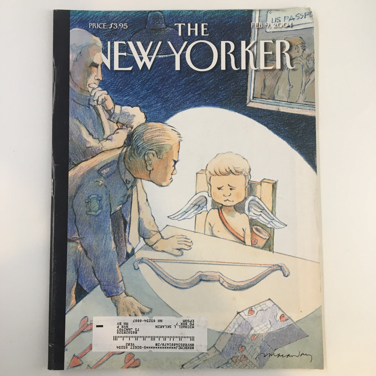 Cover of The New Yorker Full Magazine, February 9, 2004, titled 'Code Red' by David McCauley, featuring an illustration of a child angel with wings, surrounded by police officers and imagery that reflects themes of security and caution.