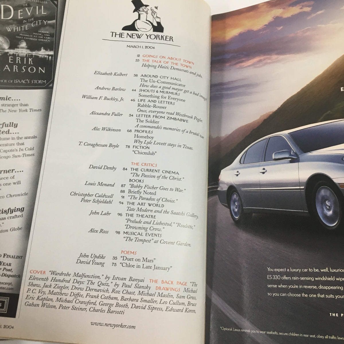 Inside page of The New Yorker Full Magazine March 1 2004, listing articles and contents.