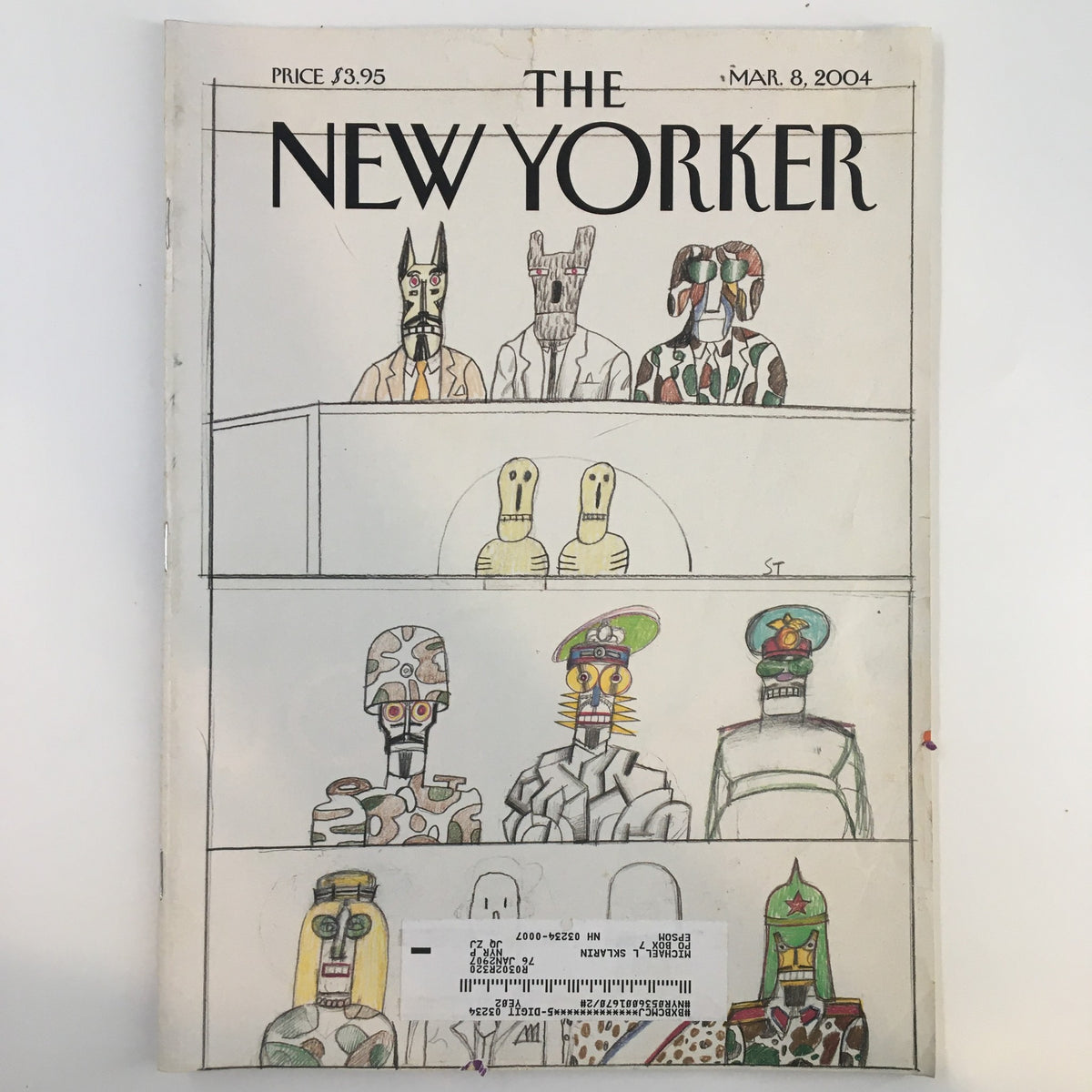 Cover of The New Yorker Full Magazine March 8, 2004 featuring the artwork 'Gospel Truths' by Saul Steinberg, showcasing an intriguing illustration with unique characters.