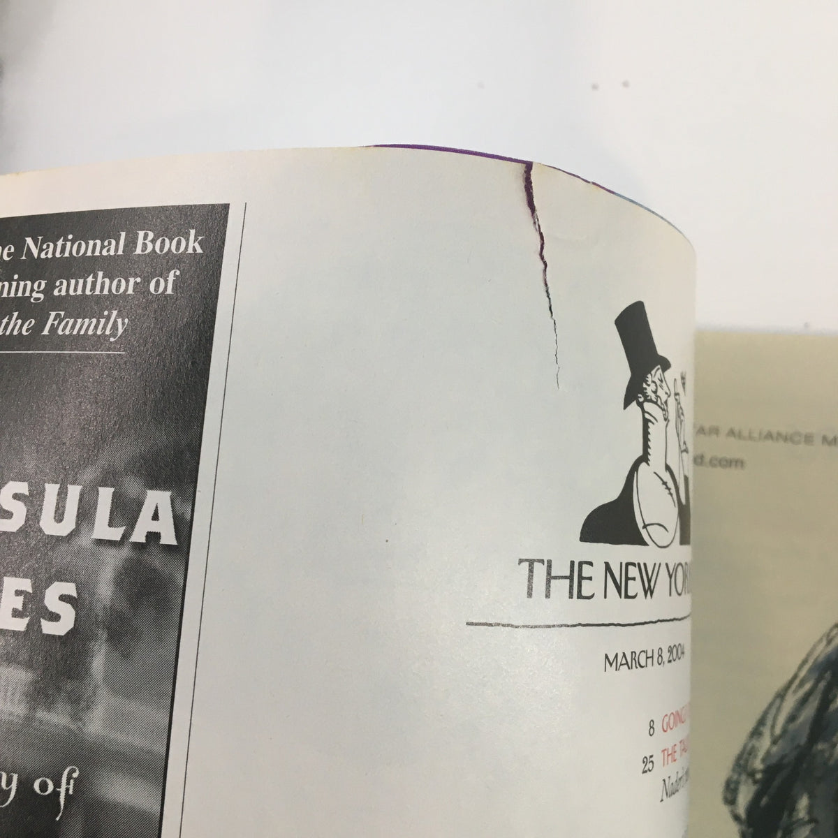 Back cover detail of The New Yorker Full Magazine March 8 2004, showing some wear and tear, emphasizing its vintage character, alongside Saul Steinberg's artistic contributions.
