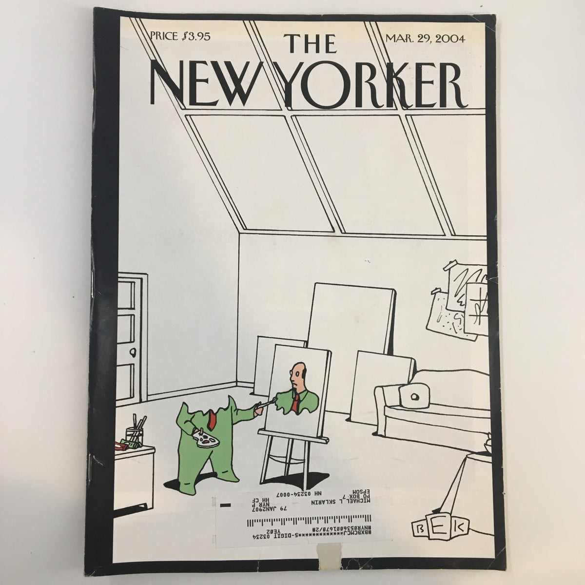 The New Yorker Full Magazine March 29 2004 cover featuring a unique illustration titled 'Self-Portrait' by Bruce Eric Kaplan, depicting a cartoon character painting a self-portrait in a bright, minimalist room.