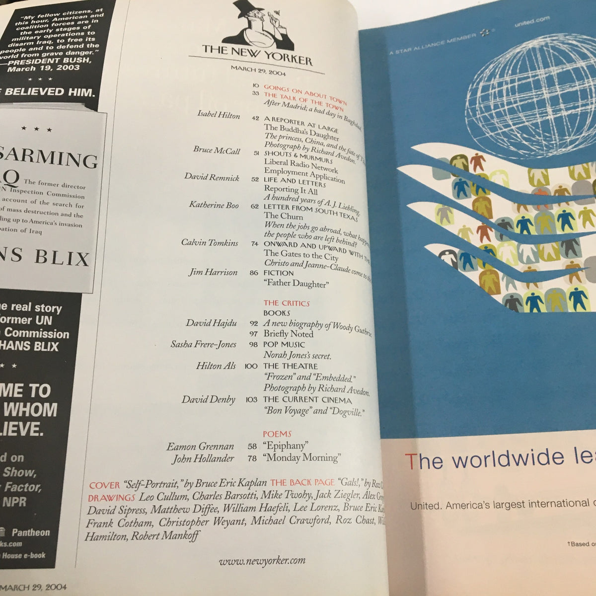 The New Yorker Full Magazine March 29 2004 interior page showing the table of contents, highlighting feature articles and poems from the issue, including works by prominent writers and artists.