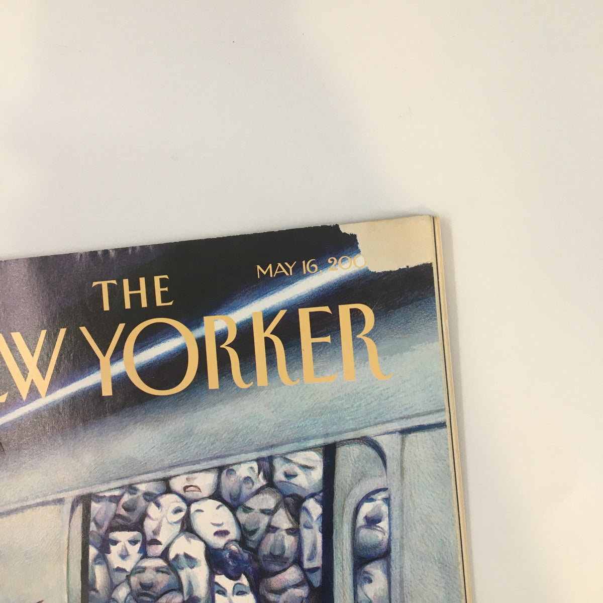 Close-up of the top corner of The New Yorker magazine from May 16, 2005, showing the magazine title and date with minor wear.