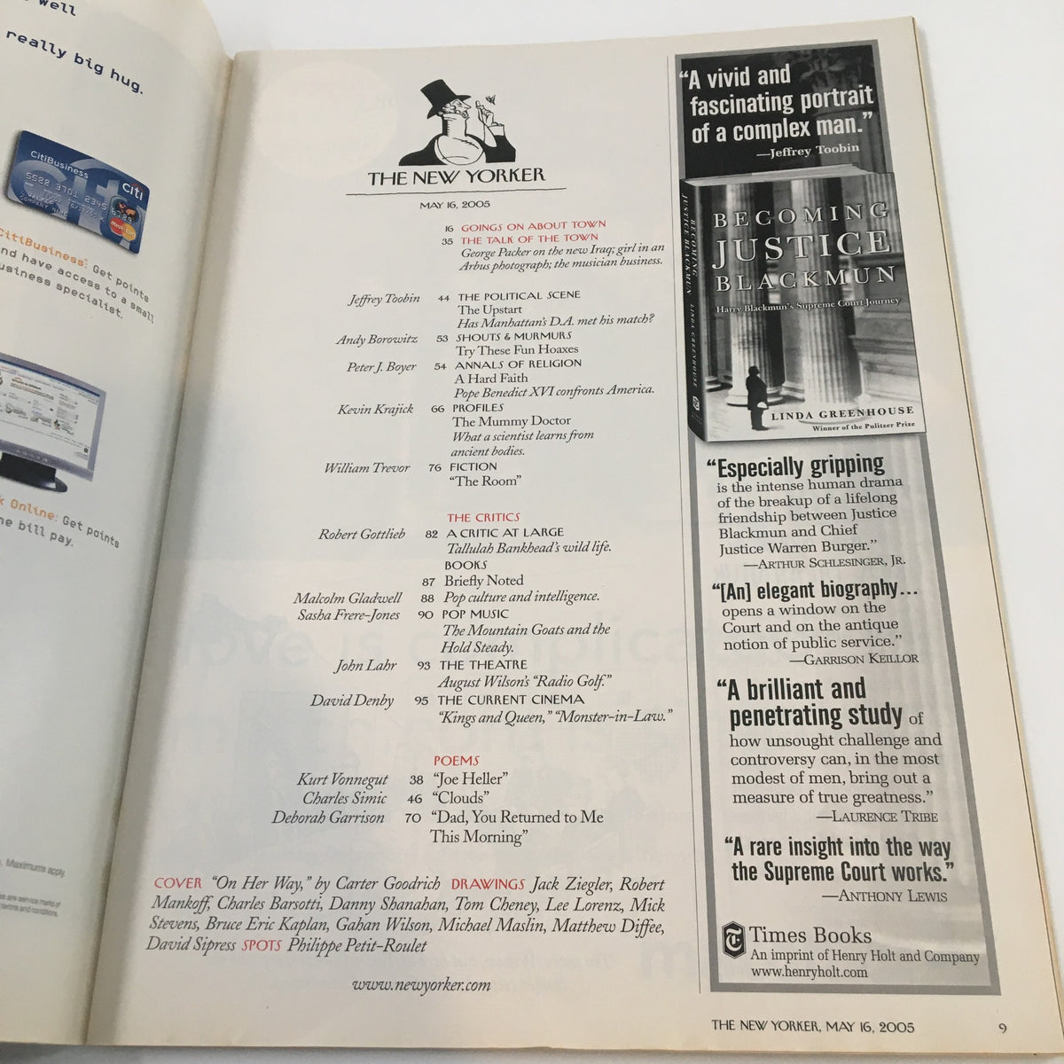 Inside page of The New Yorker magazine May 16, 2005, highlighting a list of contributors and advertisements alongside a cover note about Carter Goodrich's artwork.
