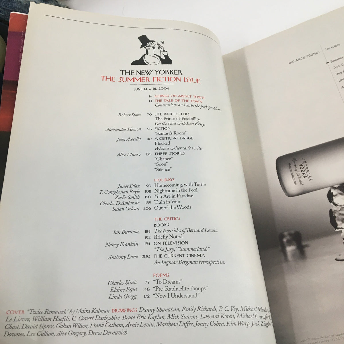 Interior page of The New Yorker magazine, June 14, 2004, showcasing the table of contents for the Summer Fiction issue.