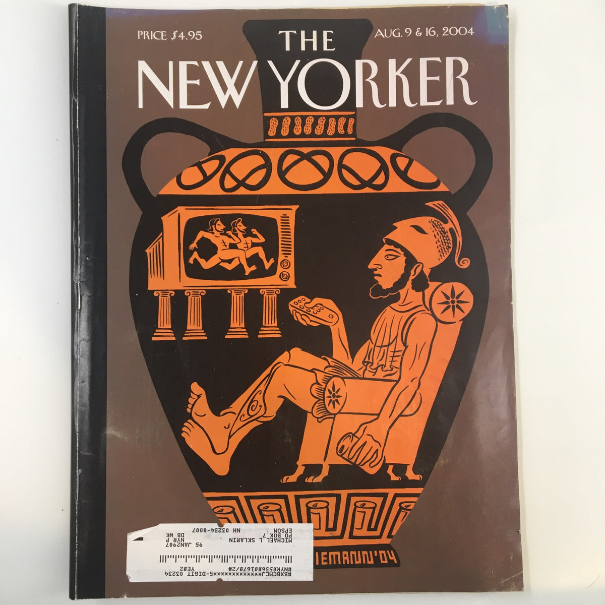 The New Yorker Full Magazine August 9, 2004 cover featuring artwork by Christoph Niemann, depicting a historical Greek-style illustration related to the Modern Olympics.