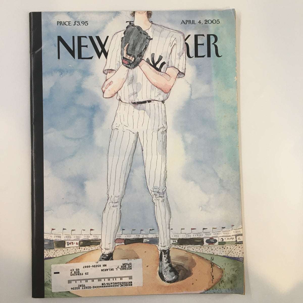 Cover of The New Yorker magazine, April 4, 2005, featuring the illustration 'Over the Top' by Barry Blitt, showcasing a baseball player standing on a baseball field.