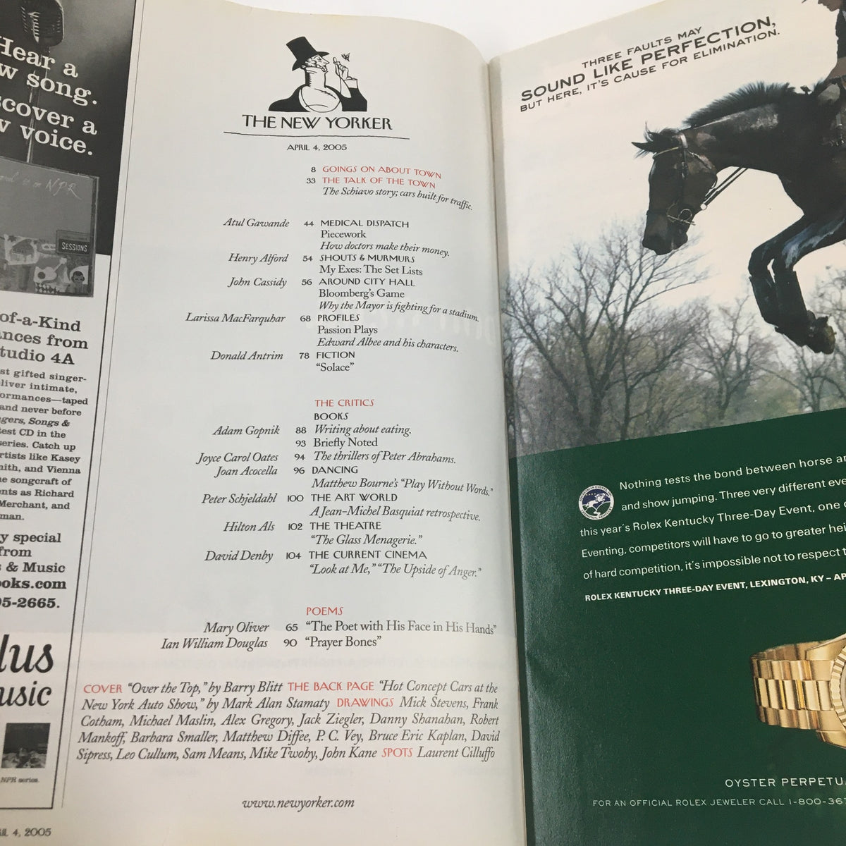 Table of contents page from The New Yorker magazine, April 4, 2005, listing articles including those by Adam Gopnik and Joyce Carol Oates.