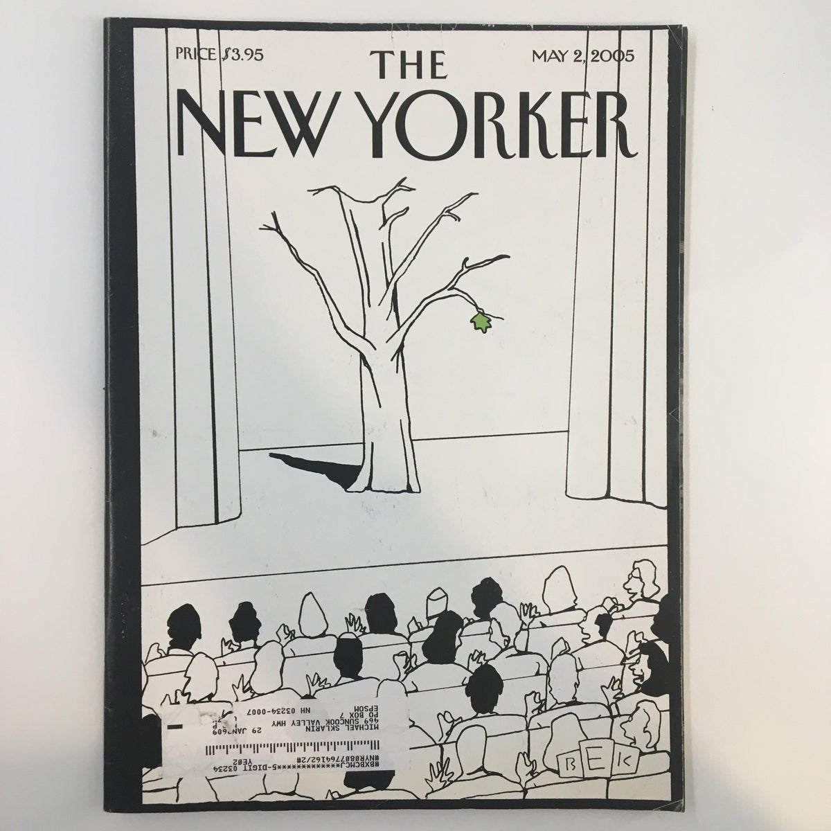 The New Yorker Full Magazine May 2 2005 cover featuring an illustration of a tree and audience by Bruce Eric Kaplan, highlighting the theme 'Bravo, Spring'. This image showcases the magazine's iconic design and artistic flair.