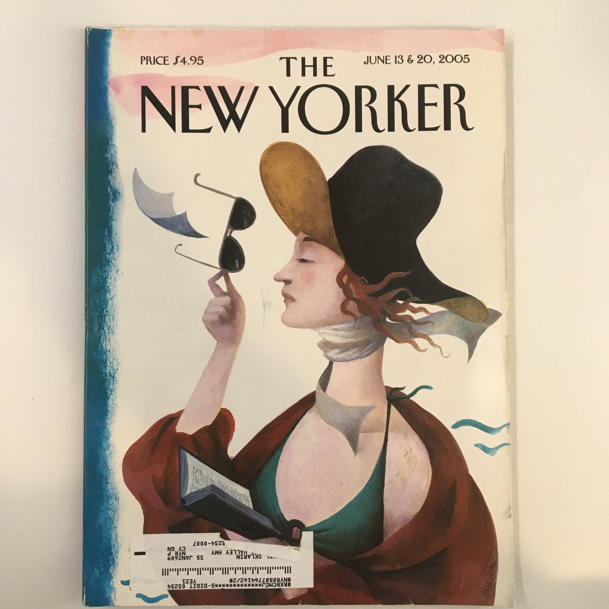 The New Yorker Full Magazine June 13 2005 cover featuring the artwork 'Debut on the Beach' by Ana Juan, depicting a woman in a hat and sunglasses, embracing summer's essence.