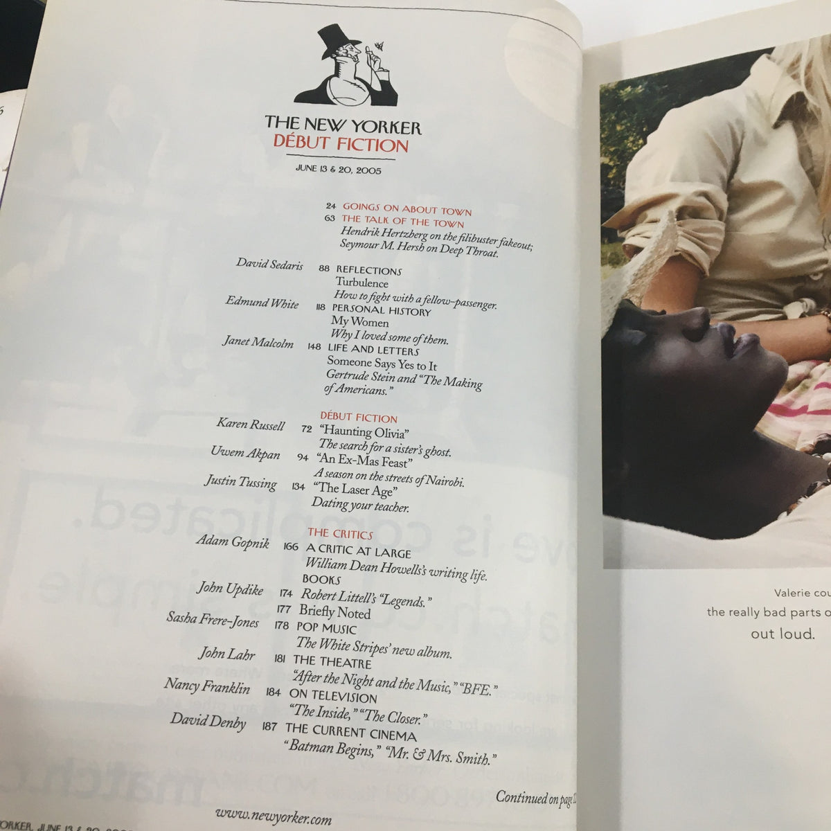 Inside page of The New Yorker Full Magazine June 13 2005 showcasing the contents list, including 'Debut Fiction,' highlighting various authors and articles featured in this iconic issue.