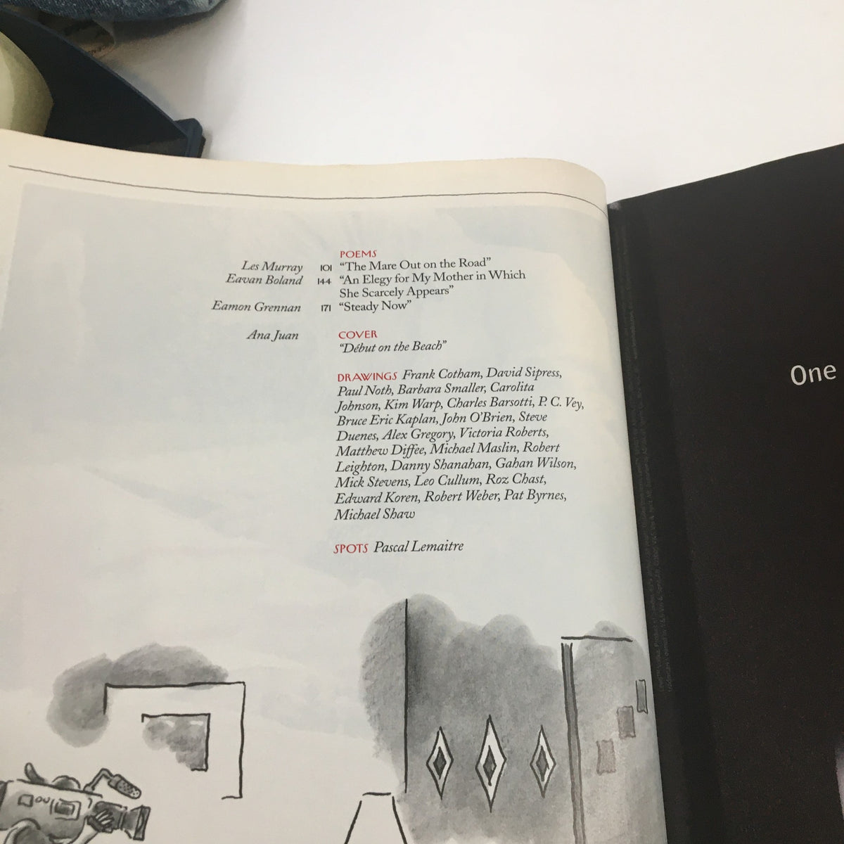 Interior page of The New Yorker Full Magazine June 13, 2005 featuring the table of contents including the cover art "Debut on the Beach" by Ana Juan and a list of contributors.
