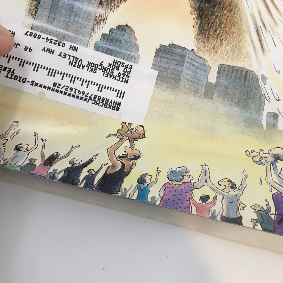Close-up of The New Yorker Full Magazine August 1 2005 cover showing a price sticker and crowd illustration, highlighting the artwork by Harry Bliss.