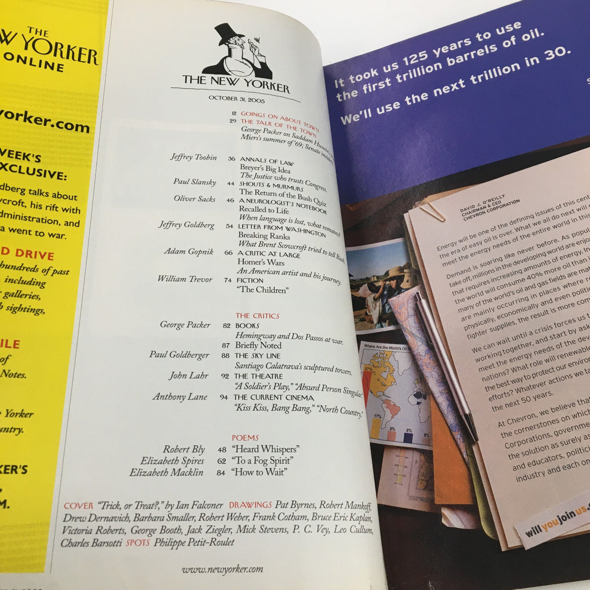 Inside page of The New Yorker Full Magazine October 31 2005 Trick or Treat displaying articles and contents list, reflecting the engaging narratives and illustrations.