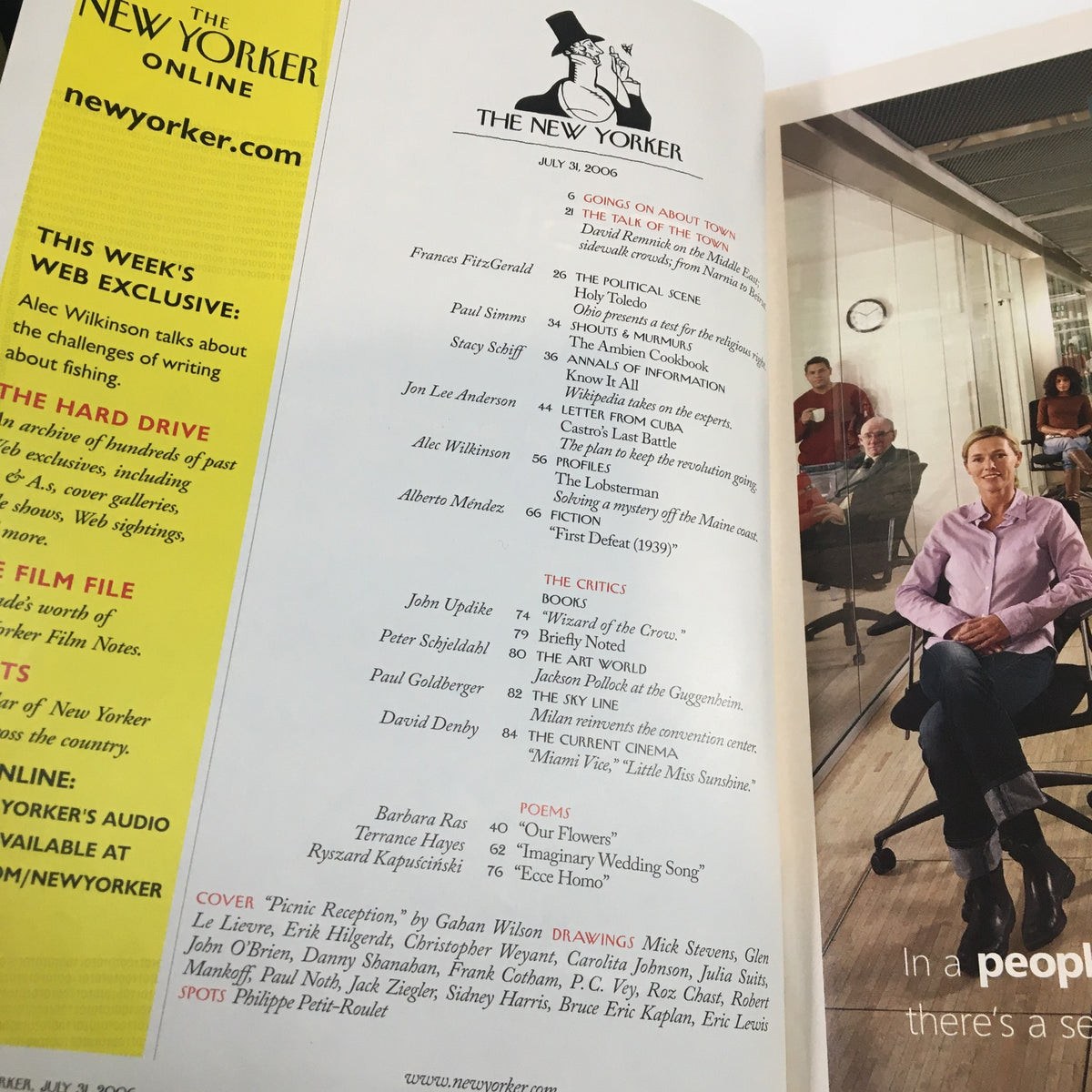 Table of contents from The New Yorker magazine, July 31, 2006 issue featuring articles and contributors including Francoise FitzGerald and Paul Simms. This edition showcases whimsical cover art by Gahan Wilson.