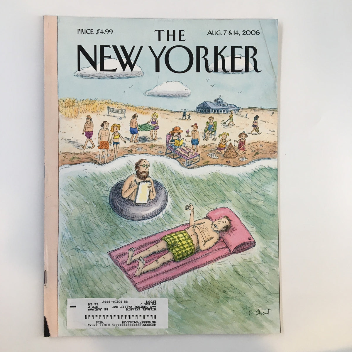 Cover of The New Yorker Full Magazine August 7 2006 featuring Roz Chast's artwork, depicting a beach scene with people enjoying summer activities.