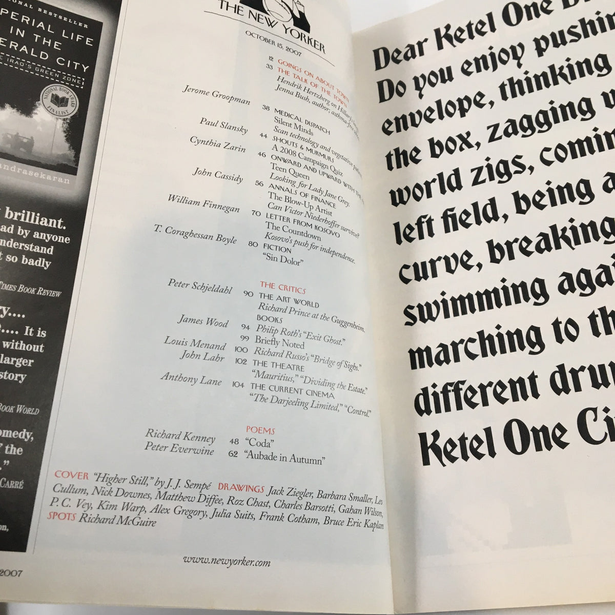 The New Yorker Full Magazine October 15, 2007 inside page featuring the Table of Contents highlighting articles and contributors.