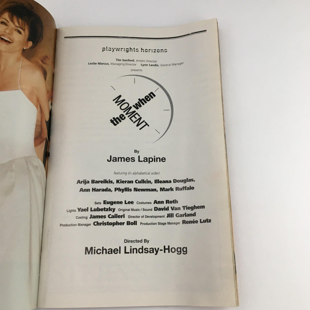 Inside page of the 2000 Playbill for The Moment When by Playwrights Horizons, featuring cast and crew details, directed by Michael Lindsay-Hogg.
