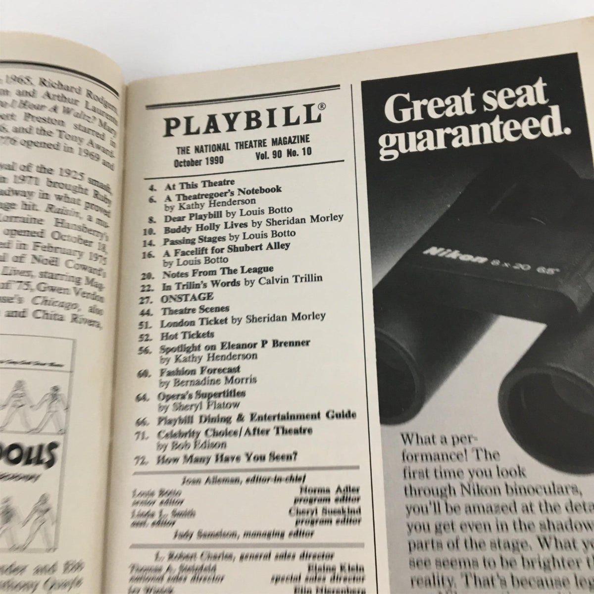 Interior page of the 1990 Playbill for Oh, Kay!, showcasing the magazine's layout and section titles, with a focus on theater listings from December 1990.