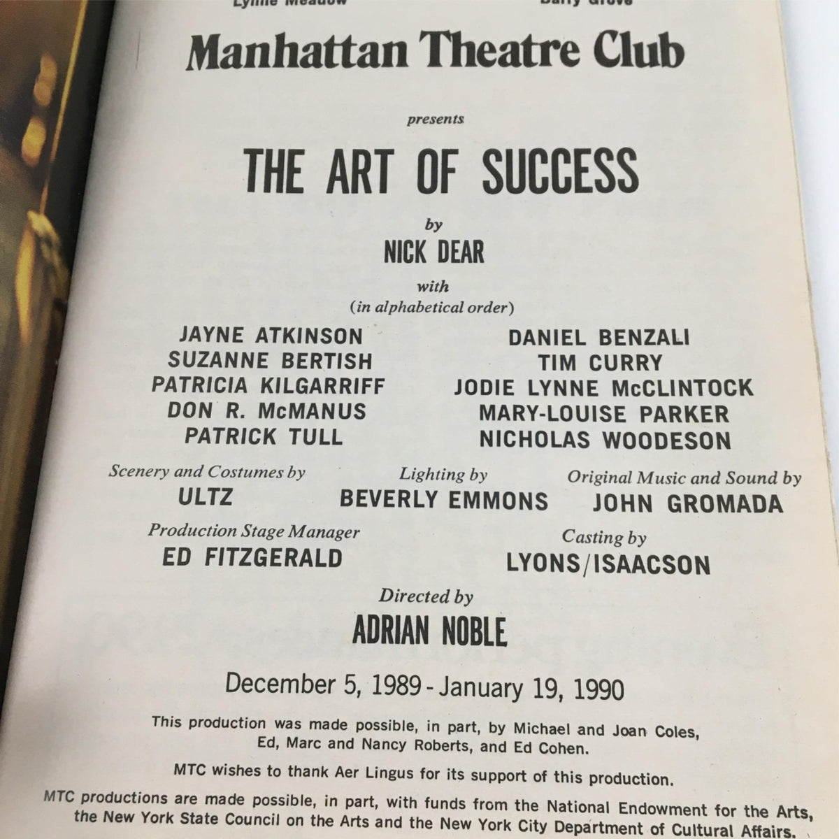 Cast list page of the 1990 Playbill for The Art of Success by Manhattan Theatre Club, detailing performances from December 1989 to January 1990.