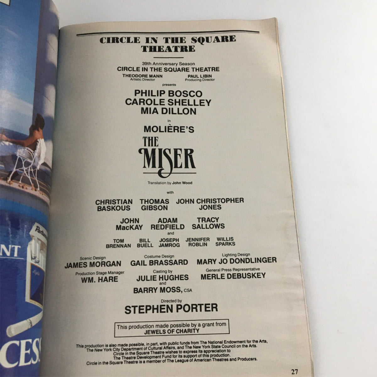 Credits page of the 1990 Playbill for The Miser by Circle in the Square Theater featuring cast and crew names.