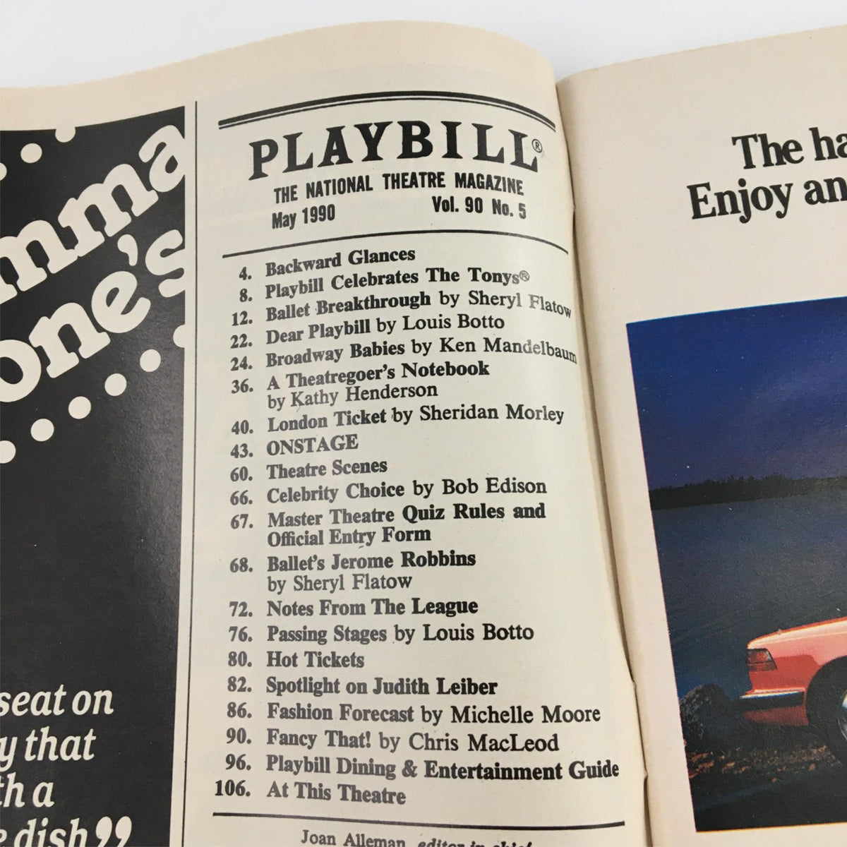 Page from the 1990 Playbill for The Cemetery Club featuring various articles and features about theater productions.